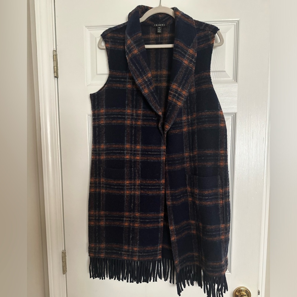Tribal plaid long vest with fringe
